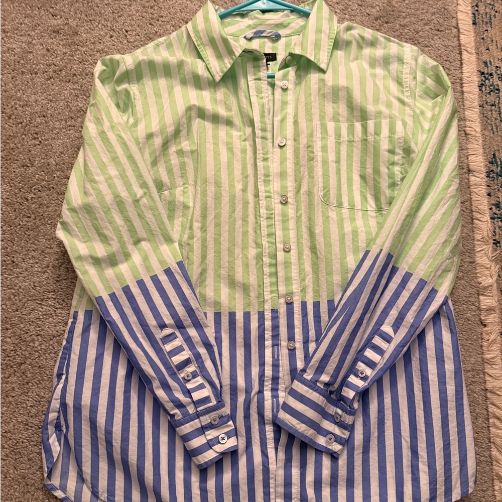 Talbots Women's Green and Blue Striped Button Down Shirt